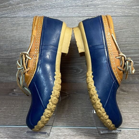 LL Bean Bean Boots Women’s Sz 6W Waterproof Tan Leather Navy Rubber Duck Boots - Picture 9 of 13